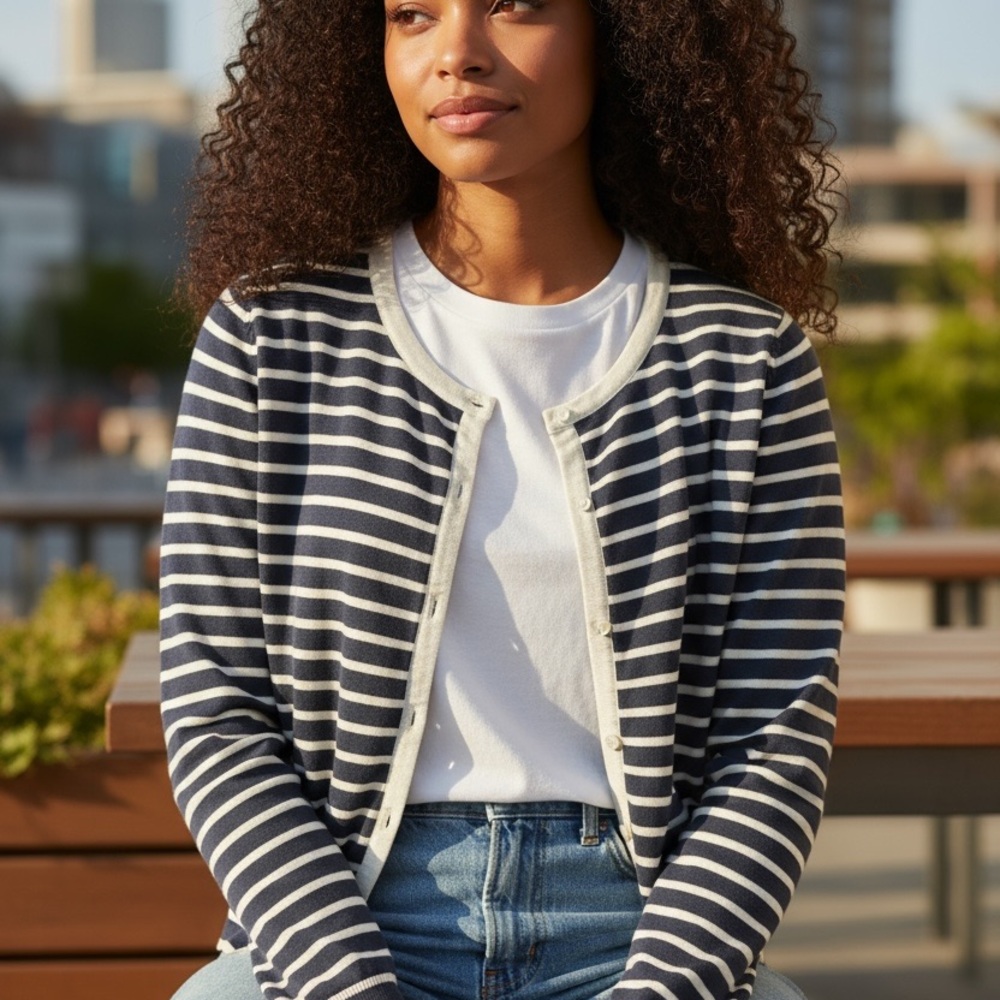 H&M Navy and Cream Striped Cardigan